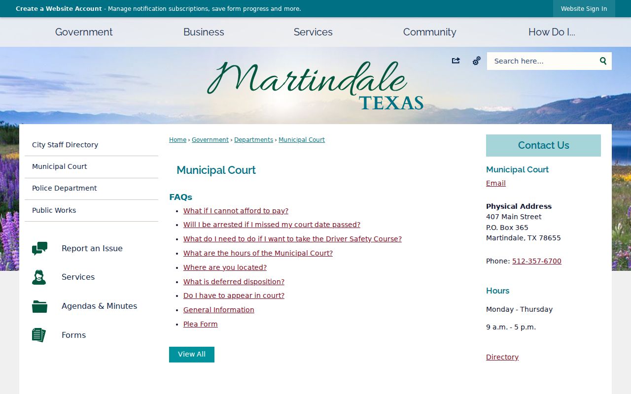 Official Martindale Municipal Court page with city court contact information