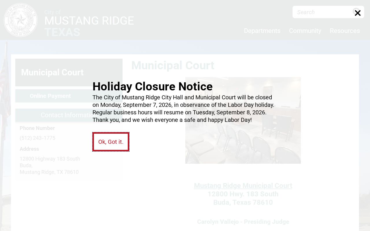 Official Mustang Ridge Municipal Court page showing court contact and hours