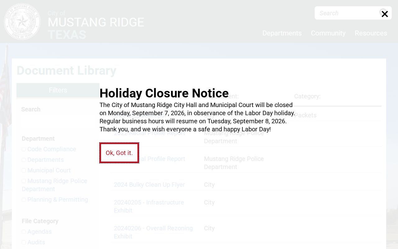 Mustang Ridge document library with Municipal Court department filter